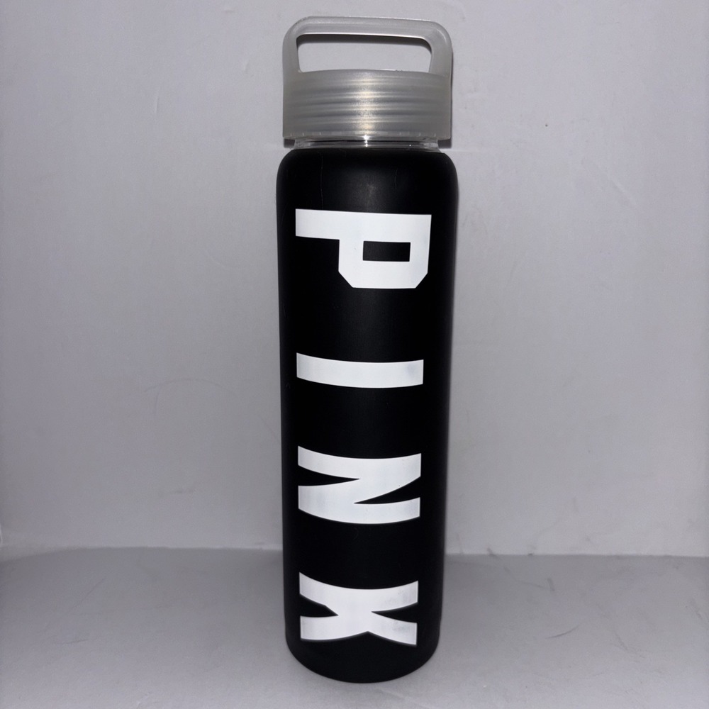 Victoria Secret Pink Slim Glass Water Bottle 20 oz Black Silicone W/ Dog Cutout